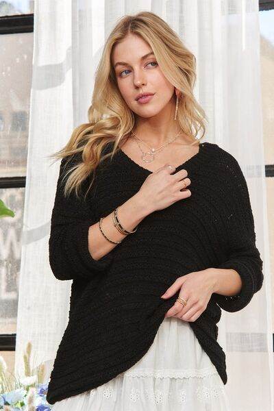 ADORA V-Neck Drop Shoulder Long Sleeve Sweater - Hovatok