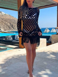 Fringe Cutout Long Sleeve Cover Up - Hovatok