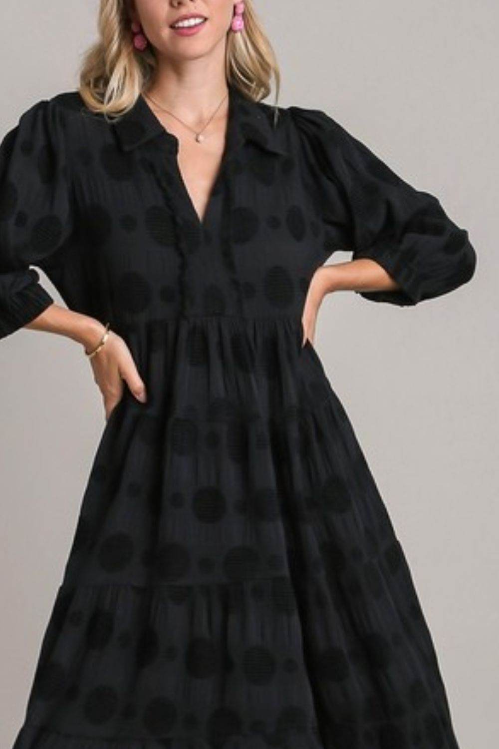 Umgee Full Size Solid Dotted Jacquard Midi Dress Plus Size - Hovatok