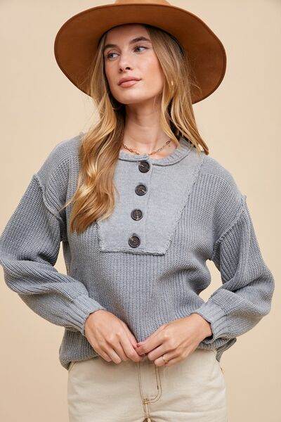 Annie Wear Half Button Ribbed Hem Sweater - Hovatok