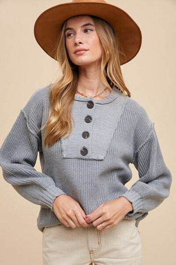 Annie Wear Half Button Ribbed Hem Sweater - Hovatok