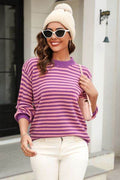 Angel Wings Striped Round Neck Dropped Shoulder Sweater - Hovatok