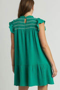 Umgee Full Size Smocked Contrast Stitching Ruffle Cap Sleeve Round Neck Dress Plus Size - Hovatok