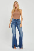 RISEN Full Size High Rise Front Slit Frayed Hem Flare Jeans - Hovatok