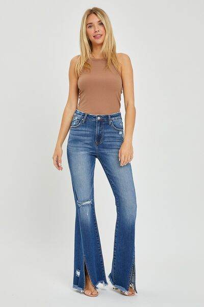RISEN Full Size High Rise Front Slit Frayed Hem Flare Jeans - Hovatok