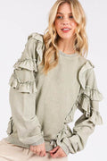 Mittoshop Ruffled Mineral Washed Round Neck Long Sleeve Sweatshirt - Hovatok