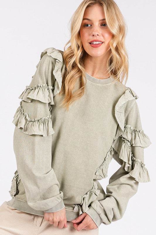 Mittoshop Ruffled Mineral Washed Round Neck Long Sleeve Sweatshirt - Hovatok