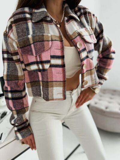 Pocketed Collared Neck Long Sleeve Plaid Jacket - Hovatok