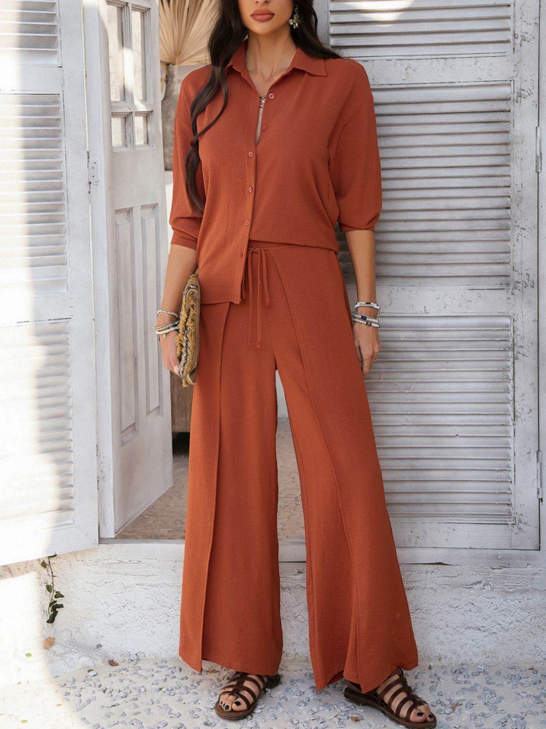 Devine Button Down Long Sleeve Top and Wide Leg Pants Set - Hovatok