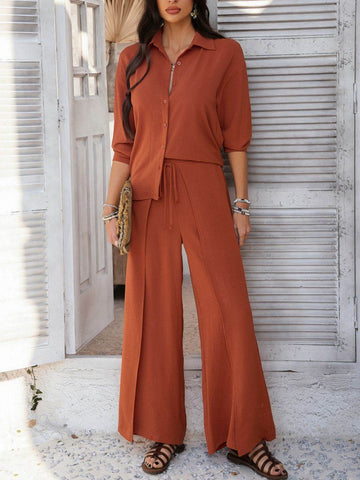 Devine Button Down Long Sleeve Top and Wide Leg Pants Set - Hovatok