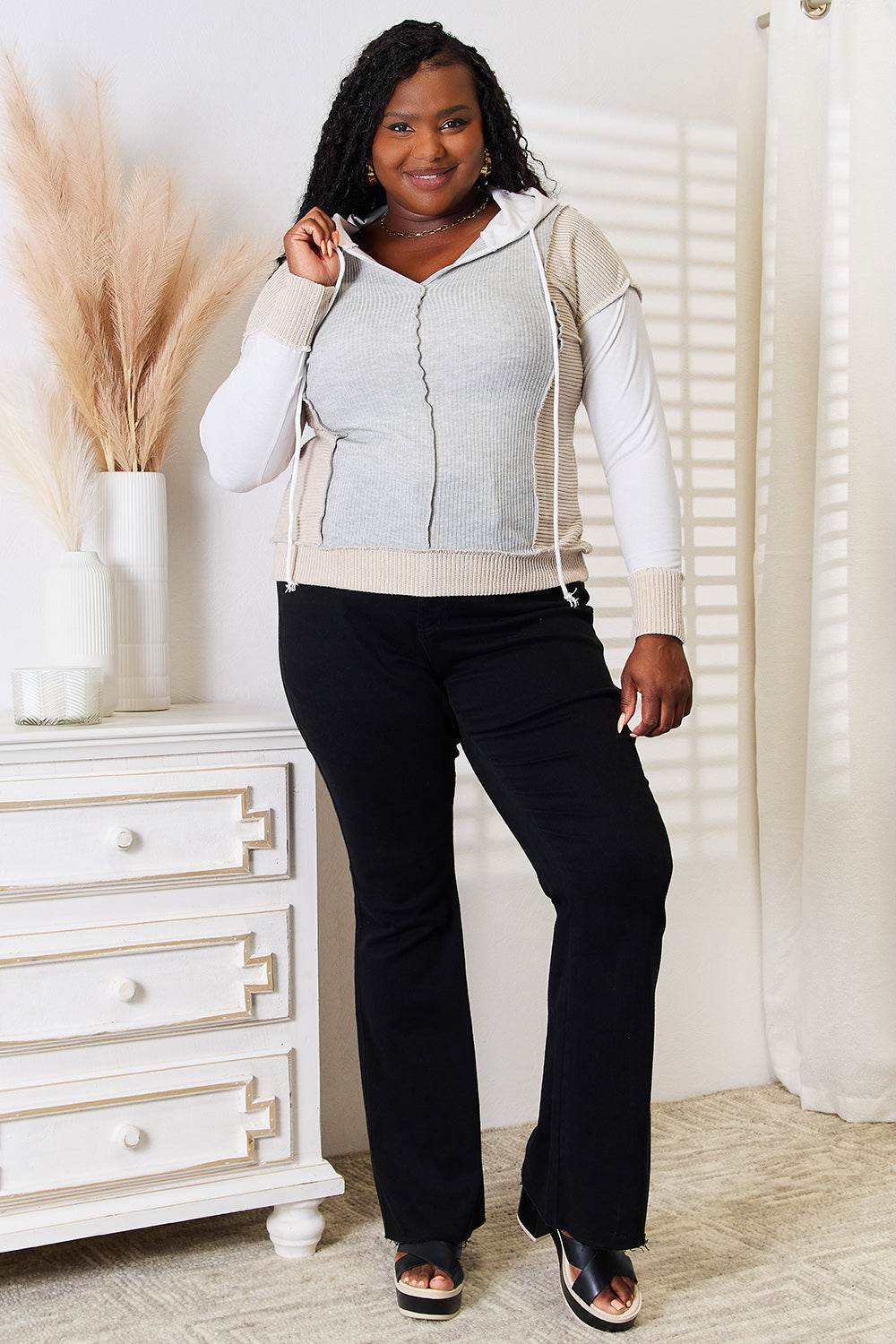 Double Take Color Block Exposed Seam Drawstring Hoodie - Hovatok