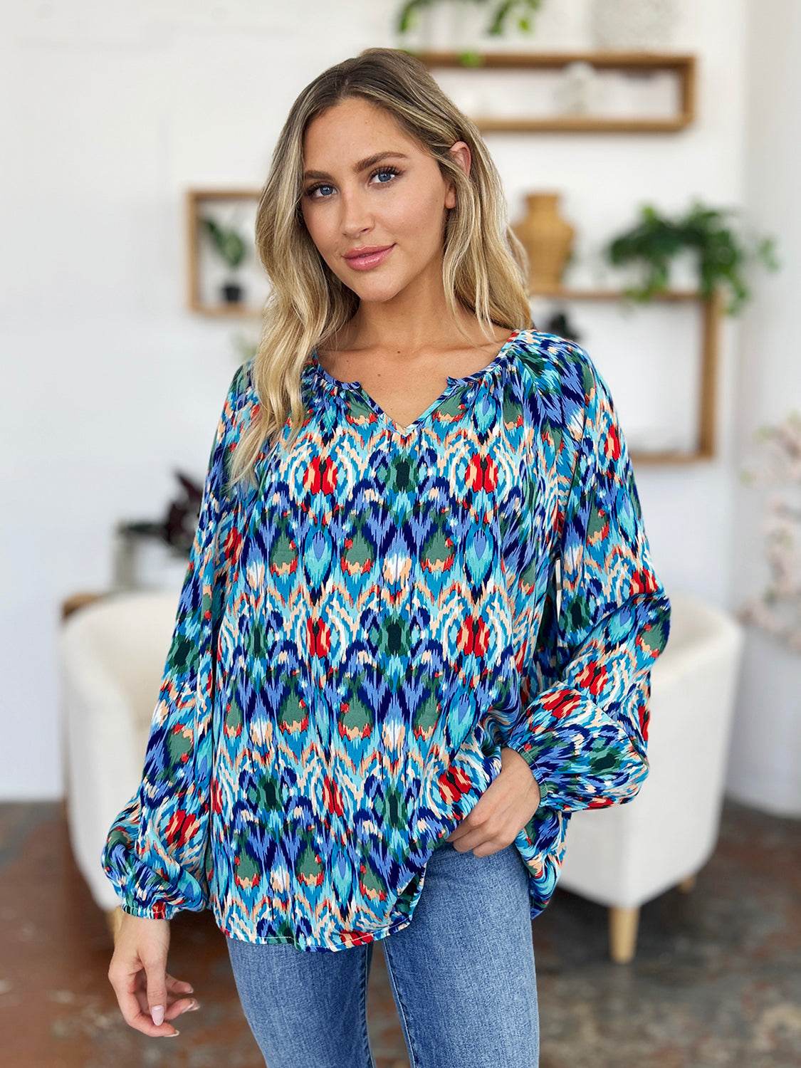 Double Take Full Size Printed Balloon Sleeve Blouse - Hovatok