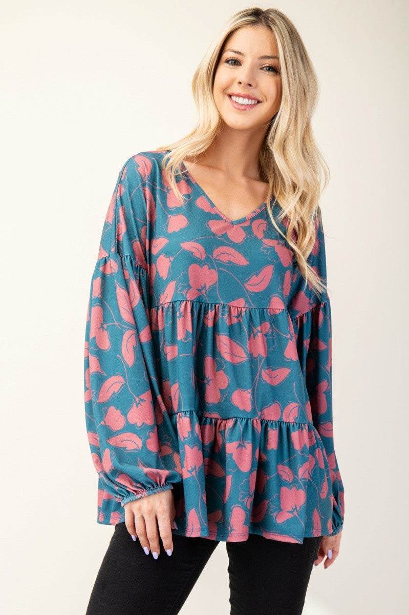 Celeste Full Size Tiered Floral V-Neck Long Sleeve Blouse - Hovatok