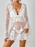 Cutout Tied V-Neck Long Sleeve Cover Up - Hovatok