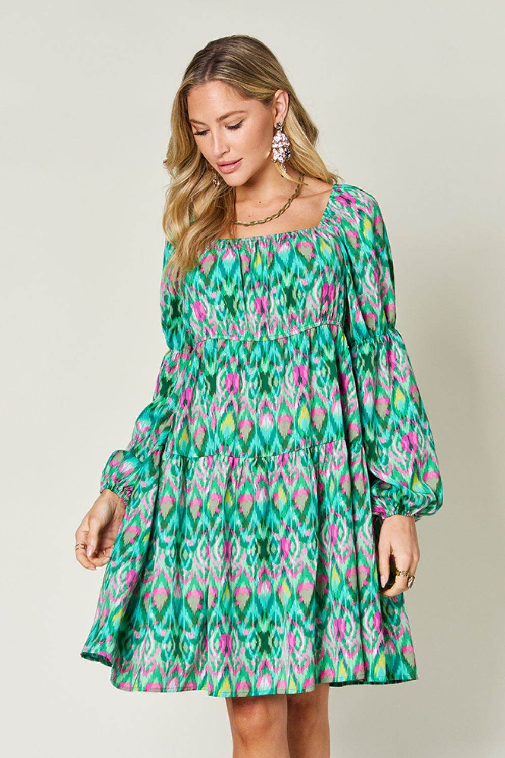 Double Take Full Size Printed Long Sleeve Dress - Hovatok