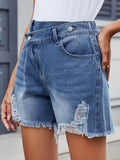 Distressed Raw Hem Asymmetrical Waist Denim Shorts - Hovatok