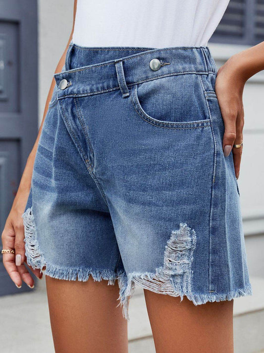 Distressed Raw Hem Asymmetrical Waist Denim Shorts - Hovatok