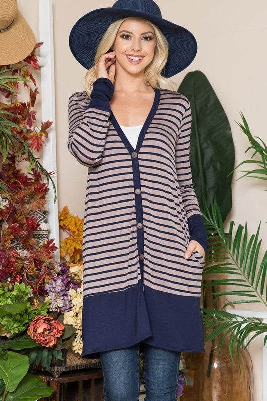 Celeste Full Size Striped Button Up Long Sleeve Cardigan Plus Size - Hovatok