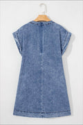 Tie V Neck Tucking Detail Short Sleeve Denim Dress - Hovatok