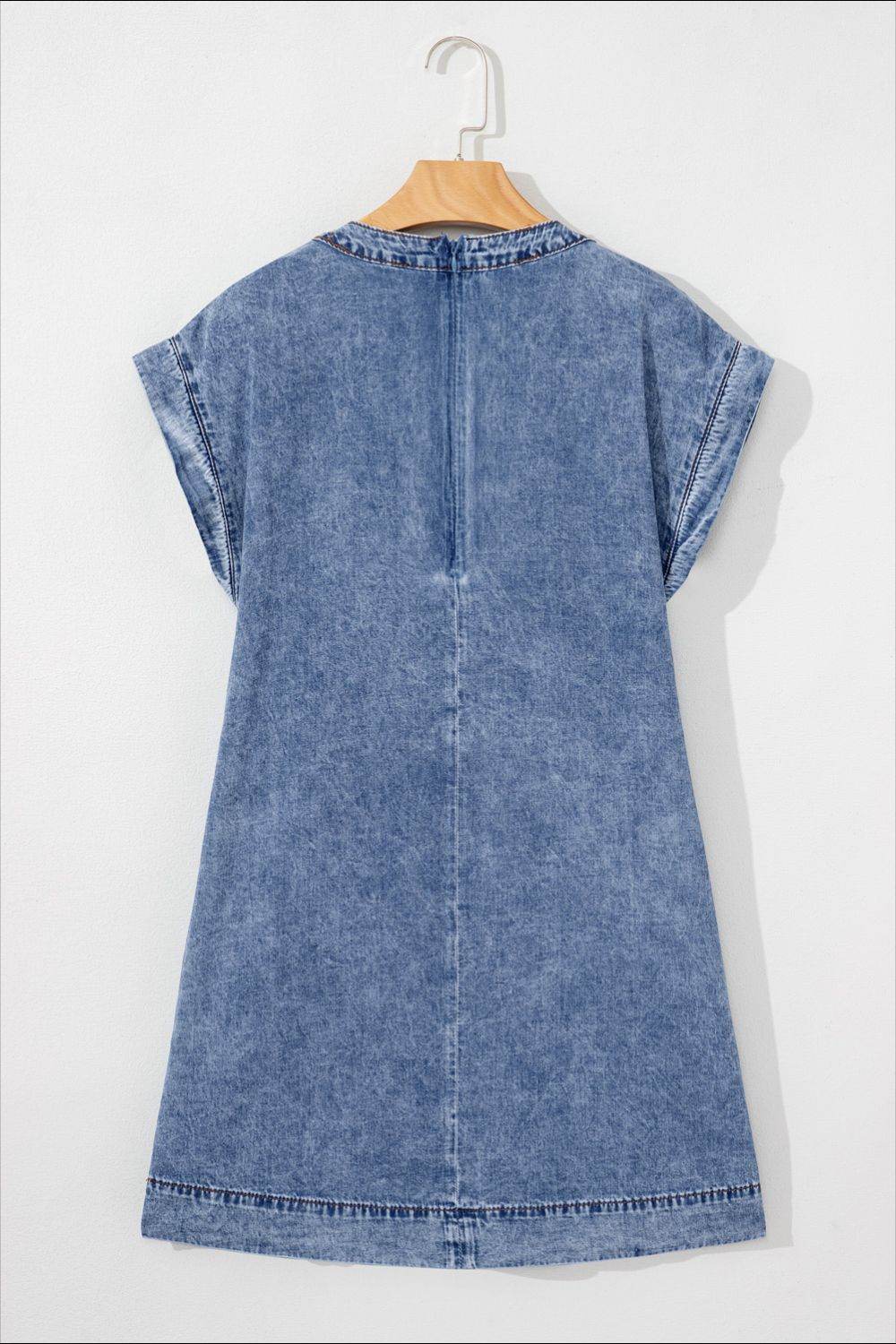 Tie V Neck Tucking Detail Short Sleeve Denim Dress - Hovatok