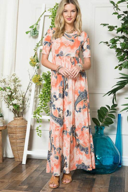 Celeste Paisley Print Short Sleeve Maxi Dress with Pockets - Hovatok