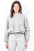 American Bazi Full Size Drawstring Hem Cargo Pocket Cropped Worker Jacket Plus Size - Hovatok