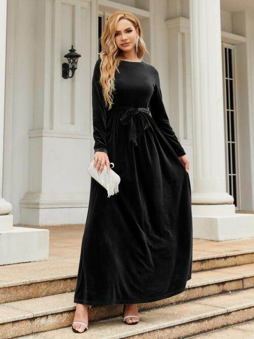 Tie Front Round Neck Long Sleeve Maxi Dress - Hovatok