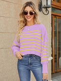 Round Neck Striped Lantern Sleeve Sweater - Hovatok