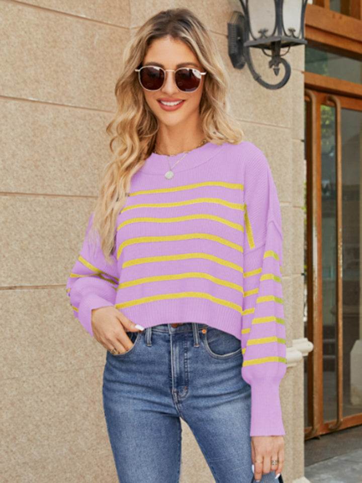 Round Neck Striped Lantern Sleeve Sweater - Hovatok