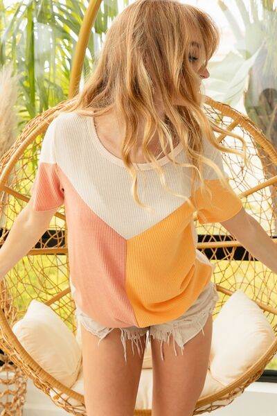 BiBi Round Neck Color Block Short Sleeve T-Shirt - Hovatok