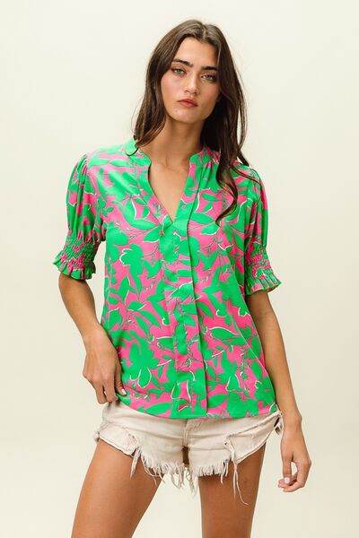 BiBi Smocked Cuff Floral Contrast Top - Hovatok