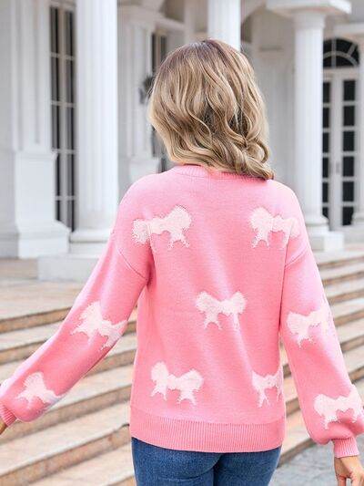 Angel Wings Bow Round Neck Dropped Shoulder Sweater - Hovatok