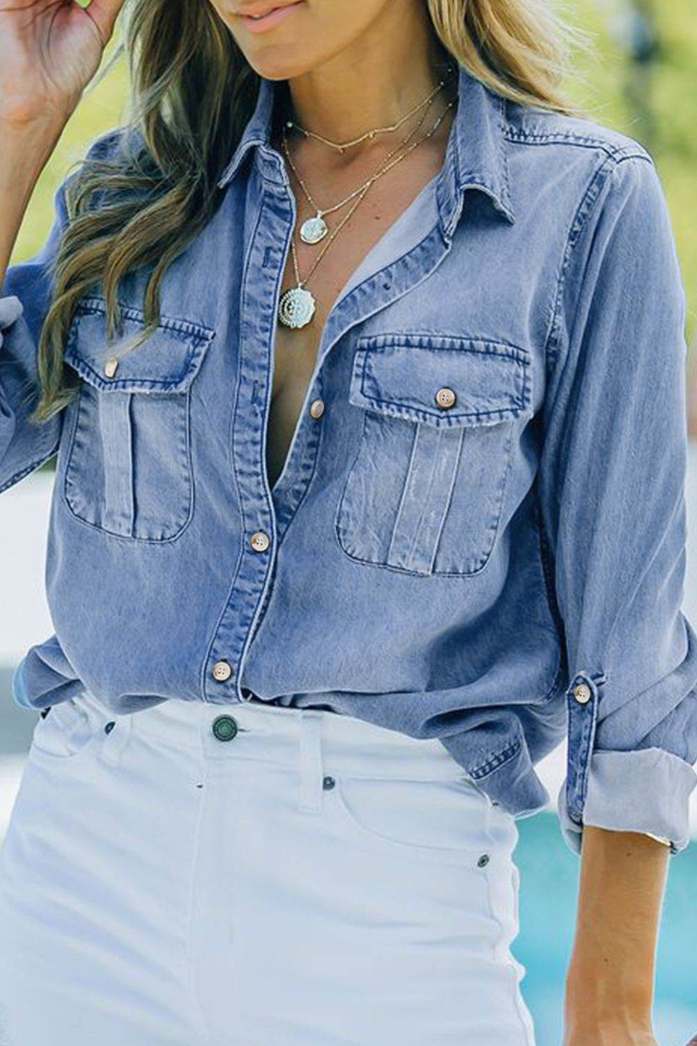 Pocketed Collared Neck Long Sleeve Denim Top - Hovatok