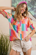 BiBi Color Block Smocked Short Sleeve Blouse - Hovatok