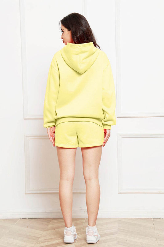 Drop Shoulder Long Sleeve Hoodie and Shorts Set - Hovatok