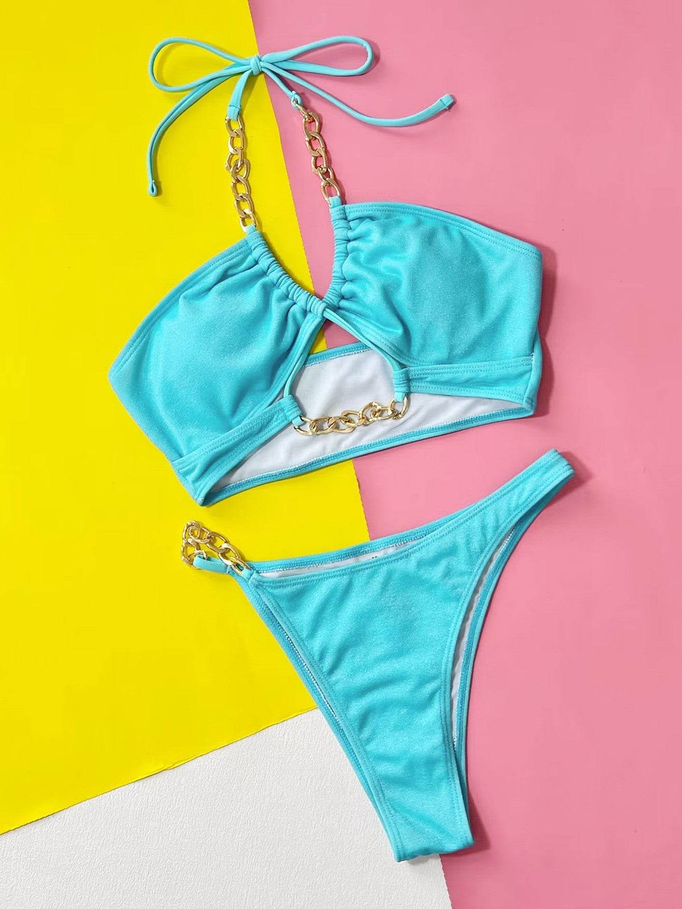 Halter Neck Chain Detail Two-Piece Bikini Set - Hovatok