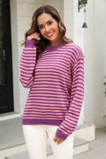Angel Wings Striped Round Neck Dropped Shoulder Sweater - Hovatok