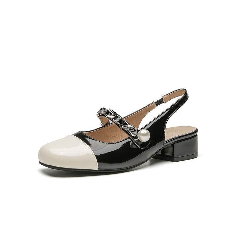 Contrast Round Toe Block Heel Mary Jane Shoes - Hovatok