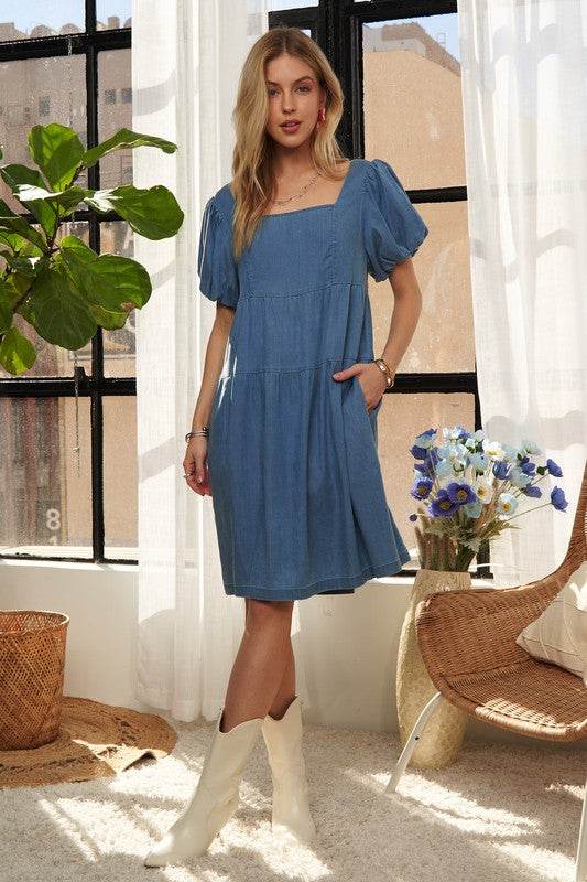 ADORA Square Neck Puff Sleeve Denim Dress - Hovatok