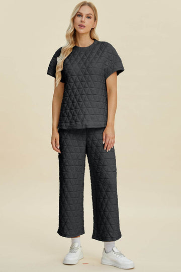 Double Take Full Size Texture Round Neck Short Sleeve Top and Pants Set - Hovatok