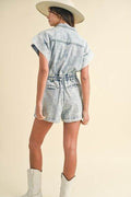 Annie Wear Elastic Waistband Short Sleeve Denim Romper - Hovatok