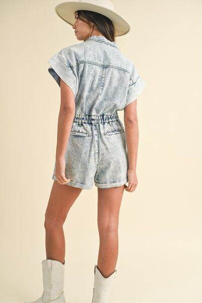Annie Wear Elastic Waistband Short Sleeve Denim Romper - Hovatok