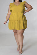 Plus Size V-Neck Frill Trim Mini Dress - Hovatok