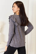Double Take Square Neck Ruffle Shoulder Long Sleeve T-Shirt - Hovatok