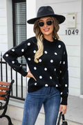 Angel Wings Woven Right Polka Dot Round Neck Dropped Shoulder Sweater - Hovatok