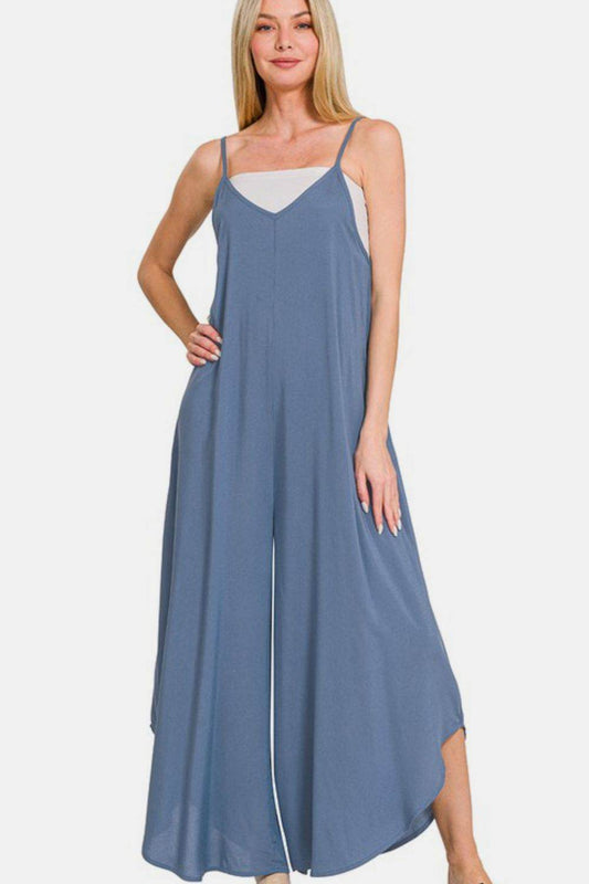 Zenana Spaghetti Strap Wide Leg Overalls with Pockets - Hovatok