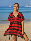 Angel Wings Tassel Openwork Striped V-Neck Cover Up - Hovatok