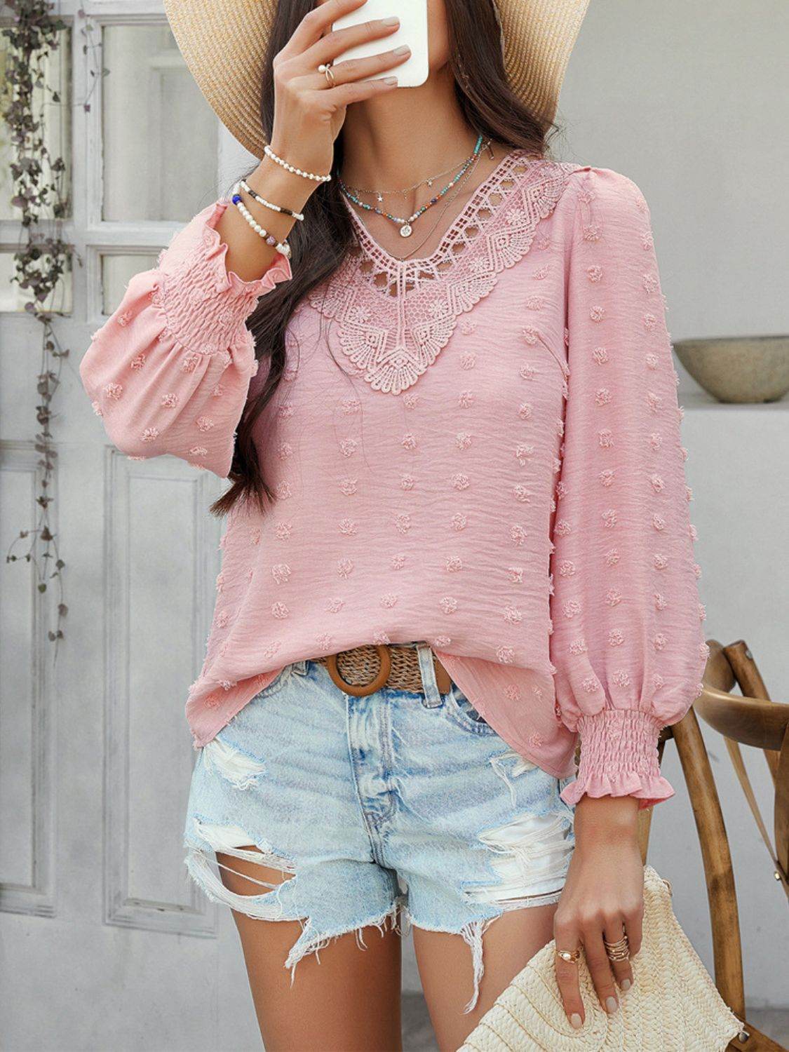 Devine Swiss Dot Lace Detail V-Neck Long Sleeve Blouse - Hovatok