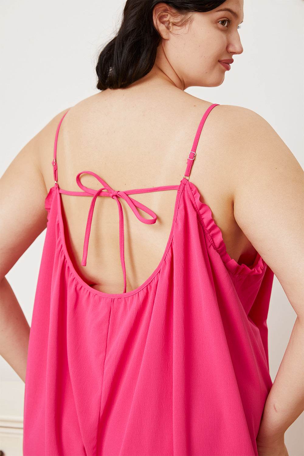 Double Take Full Size Ruffle Trim Tie Back Cami Jumpsuit with Pockets - Hovatok