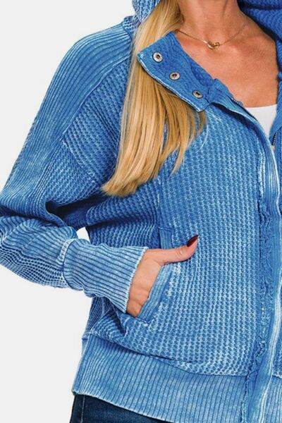 Zenana Washed Zip Up Hooded Jacket - Hovatok